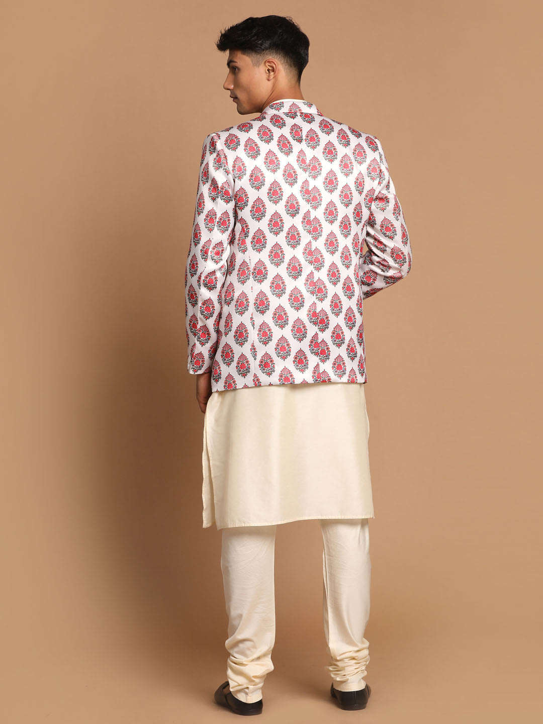 Sarvati Men's Cream Base Multicolor Printed Blazer And Cream Solid Kurta With Pajama Set