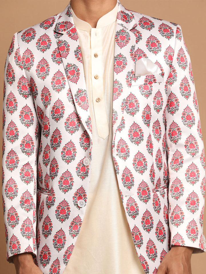 Sarvati Men's Cream Base Multicolor Printed Blazer And Cream Solid Kurta With Pajama Set