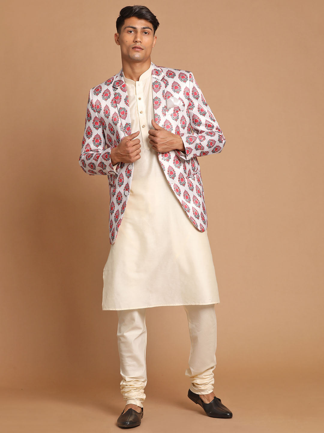 Sarvati Men's Cream Base Multicolor Printed Blazer And Cream Solid Kurta With Pajama Set