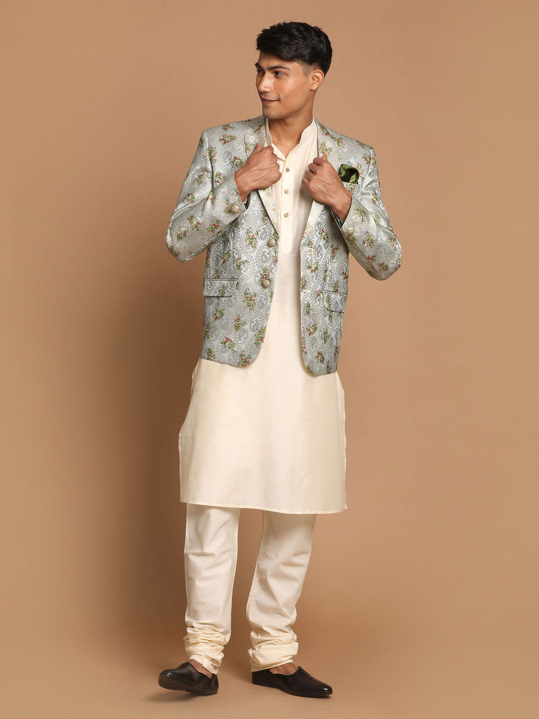 Sarvati Men's Light Green Woven Blazer And Cream Solid Kurta With Pajama Set