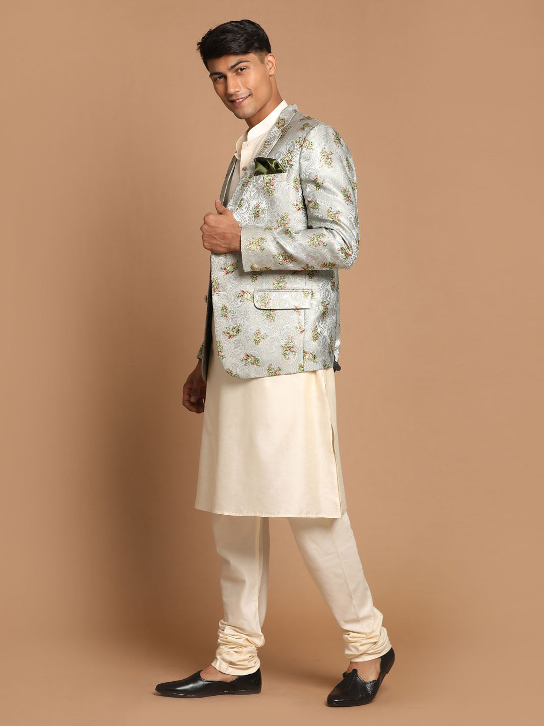 Sarvati Men's Light Green Woven Blazer And Cream Solid Kurta With Pajama Set