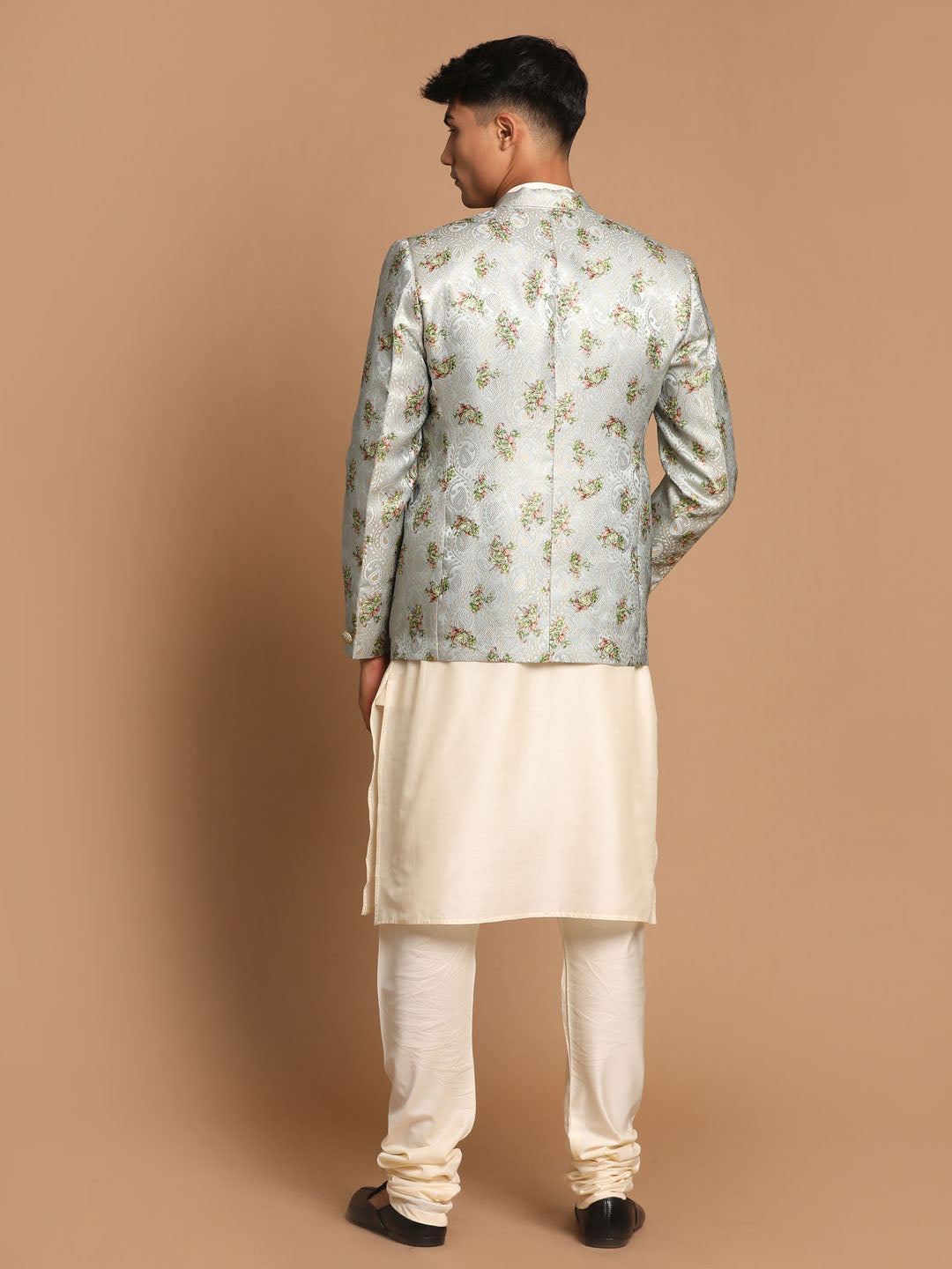 Sarvati Men's Light Green Woven Blazer And Cream Solid Kurta With Pajama Set