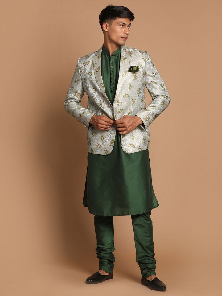 Sarvati Men's Green Silk Blend Woven Blazer And Solid Viscose Kurta With Pajama Set