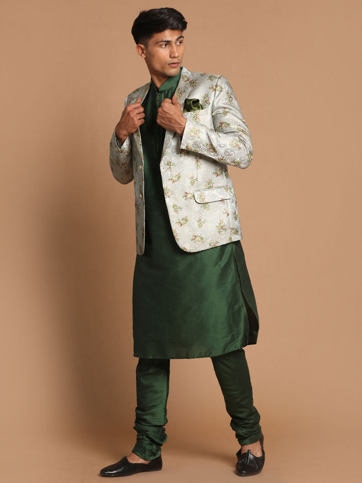 Sarvati Men's Green Silk Blend Woven Blazer And Solid Viscose Kurta With Pajama Set