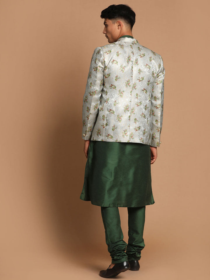 Sarvati Men's Green Silk Blend Woven Blazer And Solid Viscose Kurta With Pajama Set