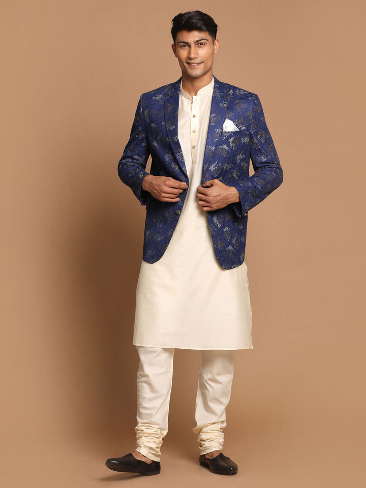 Sarvati Men's Navy Blue Woven Blazer And Cream Solid Kurta With Pajama Set