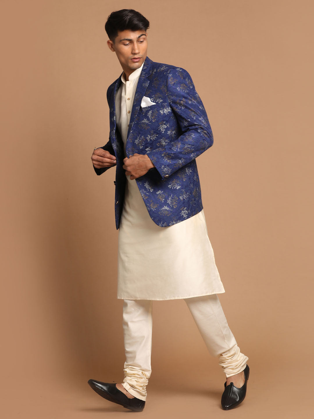 Sarvati Men's Navy Blue Woven Blazer And Cream Solid Kurta With Pajama Set