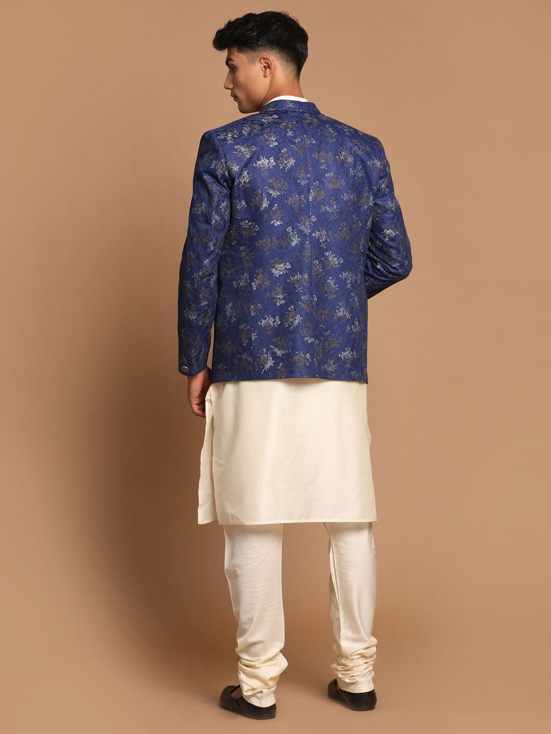 Sarvati Men's Navy Blue Woven Blazer And Cream Solid Kurta With Pajama Set