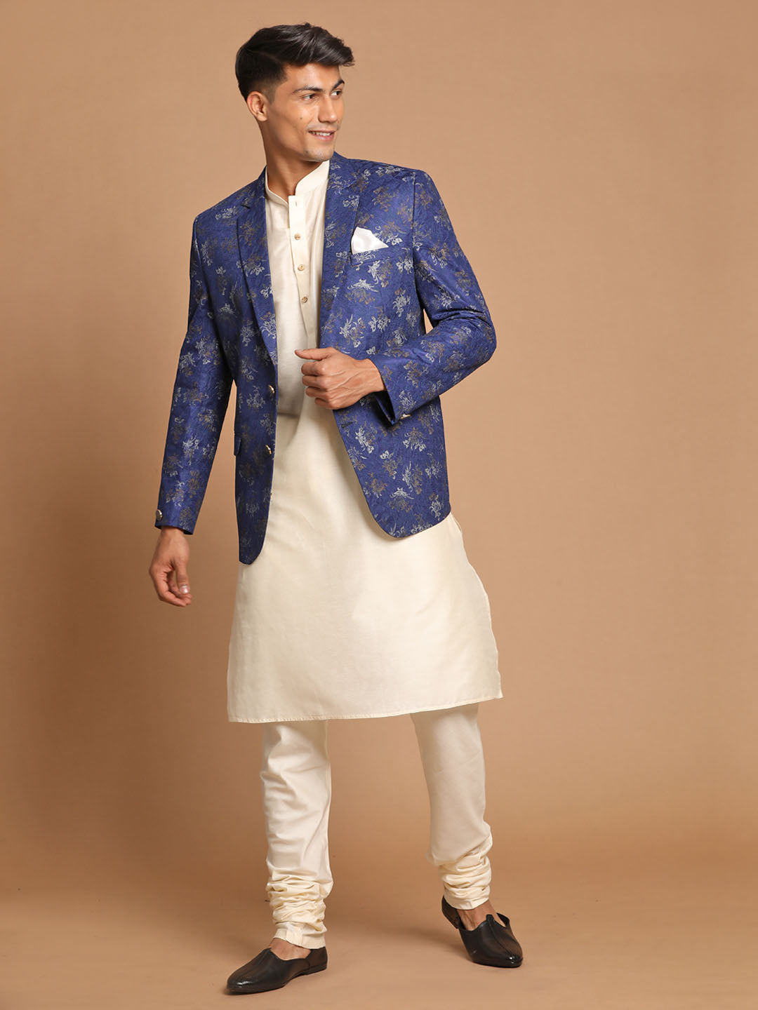 Sarvati Men's Navy Blue Woven Blazer And Cream Solid Kurta With Pajama Set