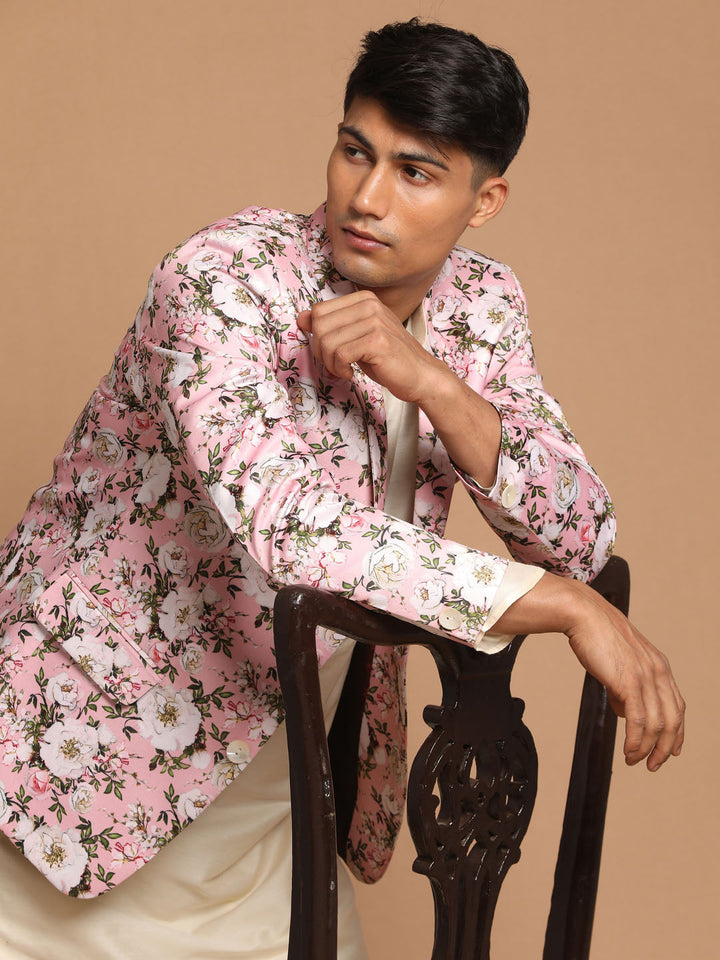 Sarvati Men's Pink Floral Print Blazer And Cream Solid Kurta With Pajama Set