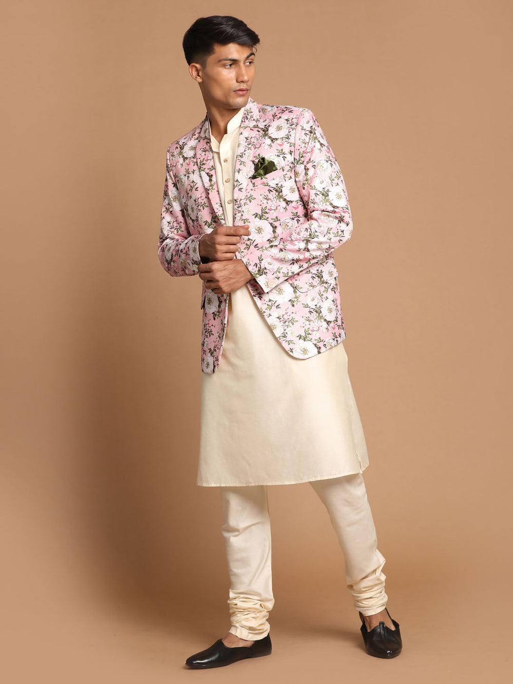 Sarvati Men's Pink Floral Print Blazer And Cream Solid Kurta With Pajama Set