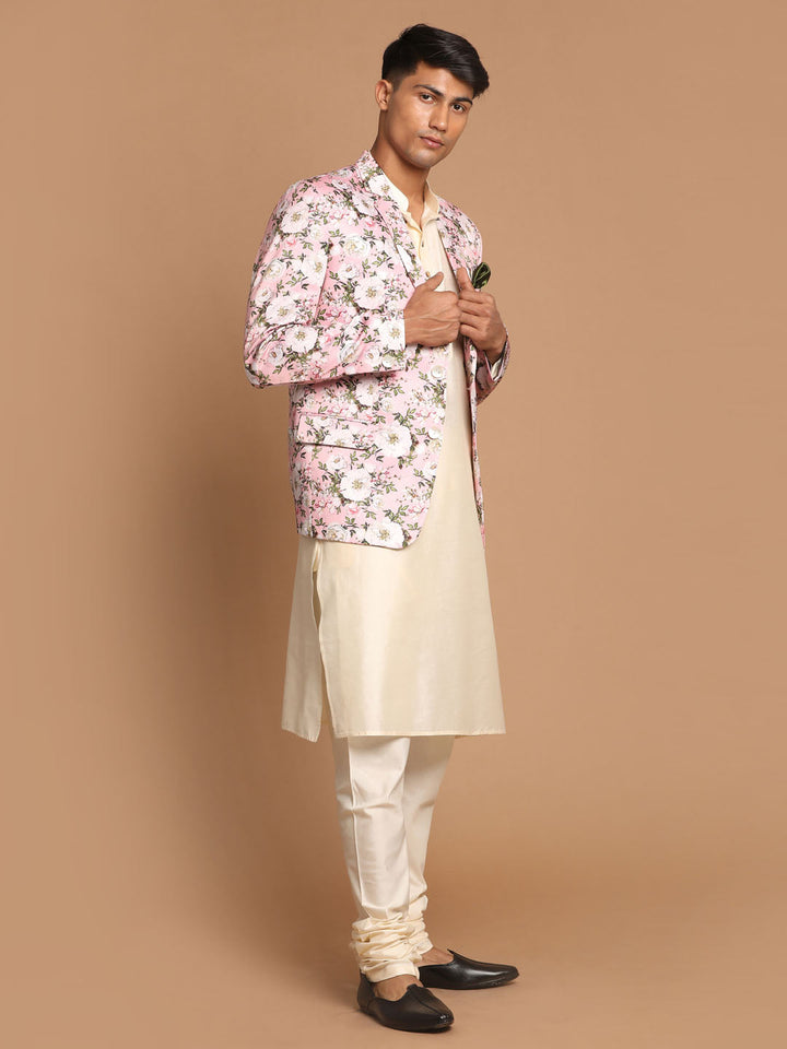 Sarvati Men's Pink Floral Print Blazer And Cream Solid Kurta With Pajama Set