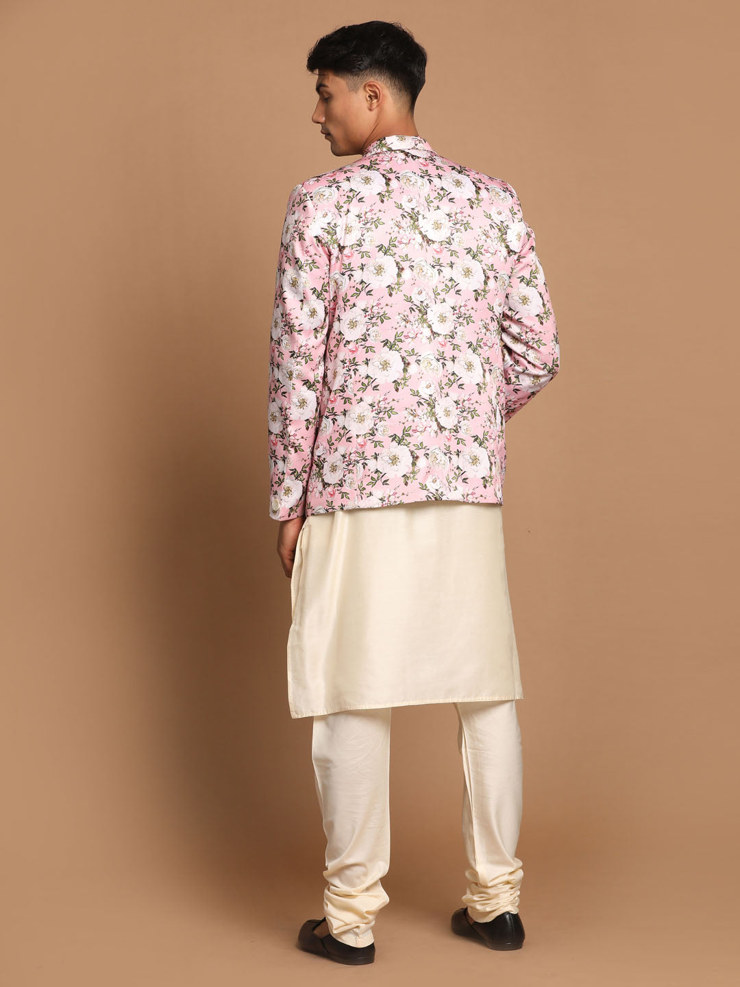 Sarvati Men's Pink Floral Print Blazer And Cream Solid Kurta With Pajama Set