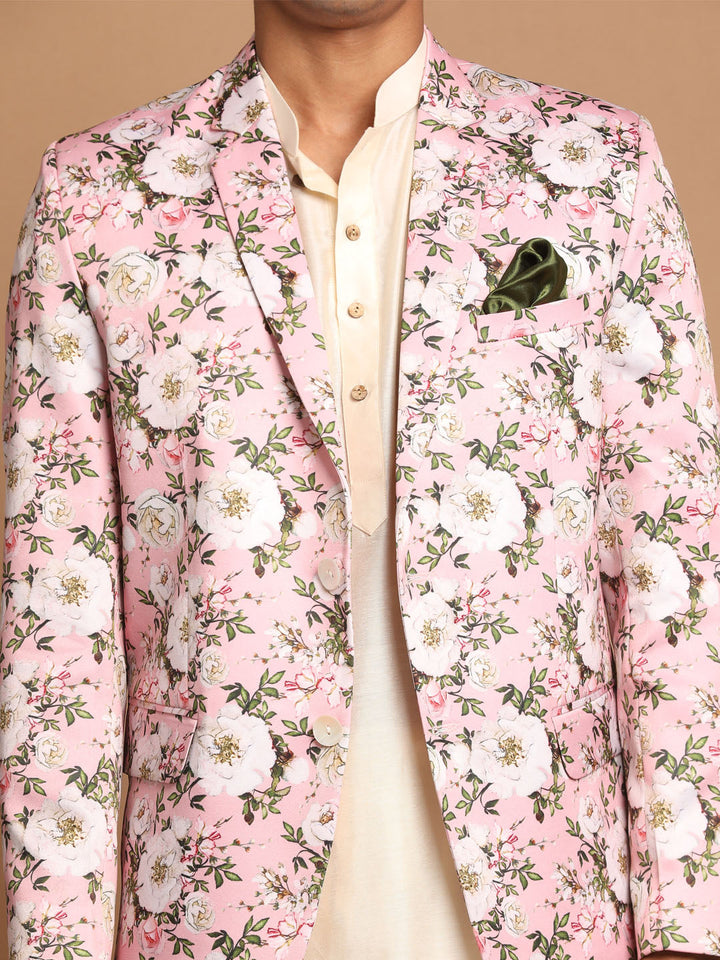 Sarvati Men's Pink Floral Print Blazer And Cream Solid Kurta With Pajama Set