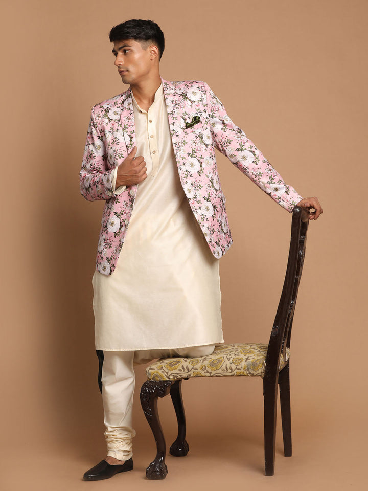 Sarvati Men's Pink Floral Print Blazer And Cream Solid Kurta With Pajama Set