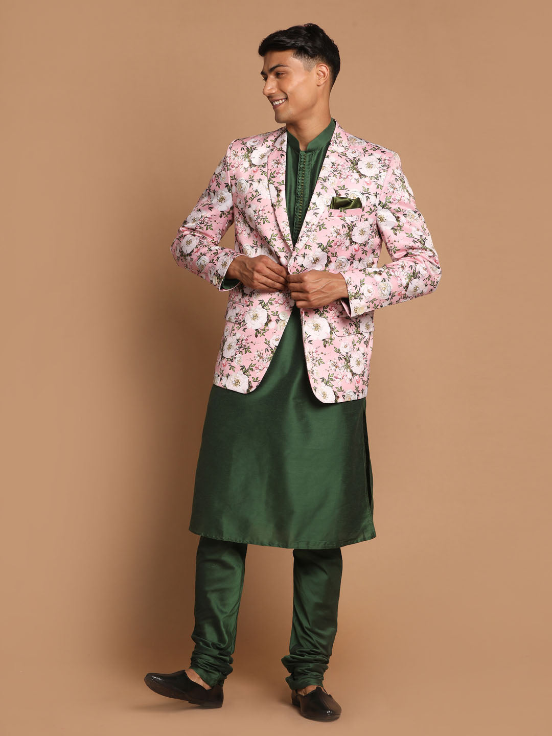 Sarvati Men's Pink Floral Print Blazer And Green Solid Viscose Kurta With Pajama Set