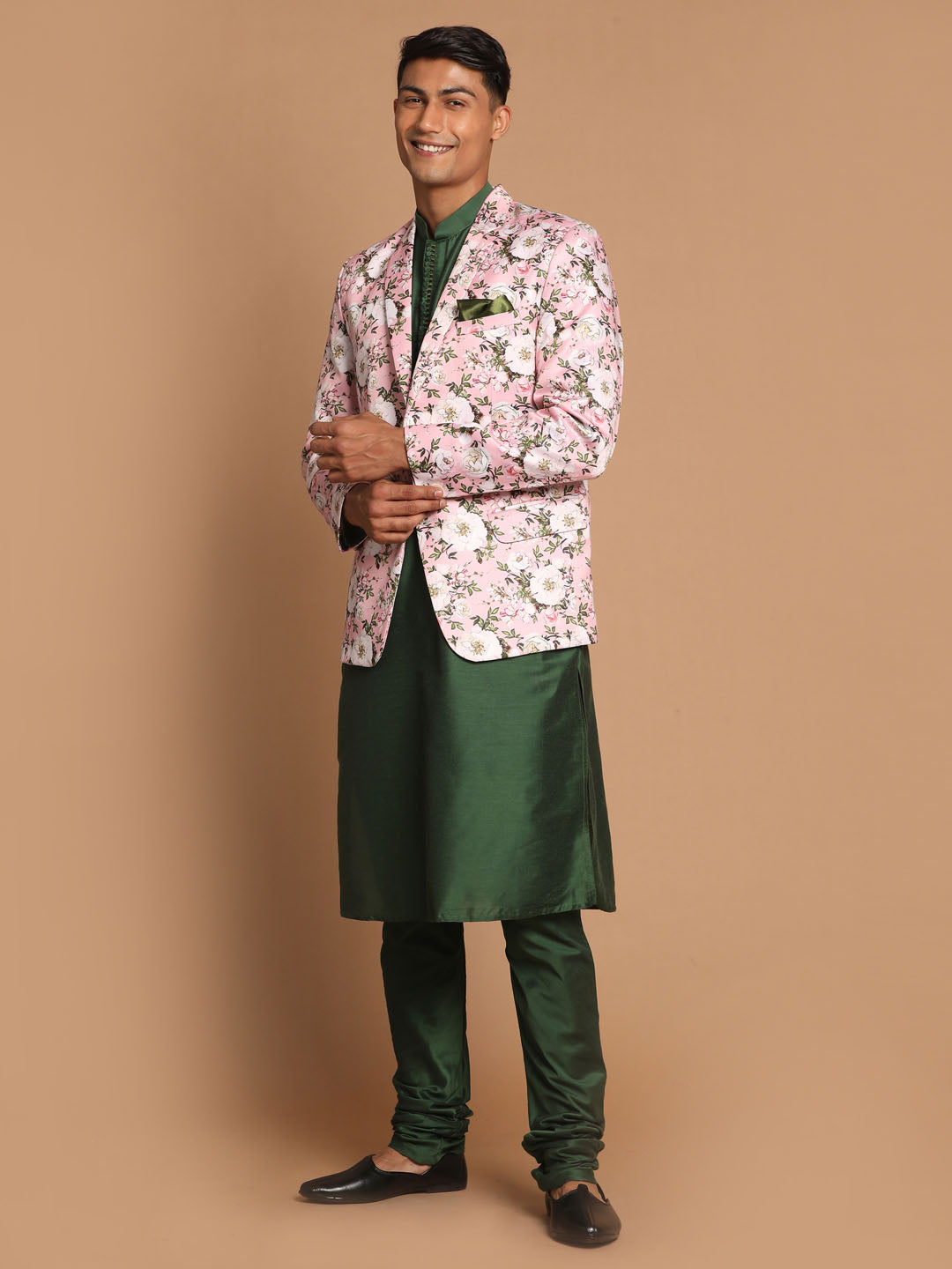 Sarvati Men's Pink Floral Print Blazer And Green Solid Viscose Kurta With Pajama Set