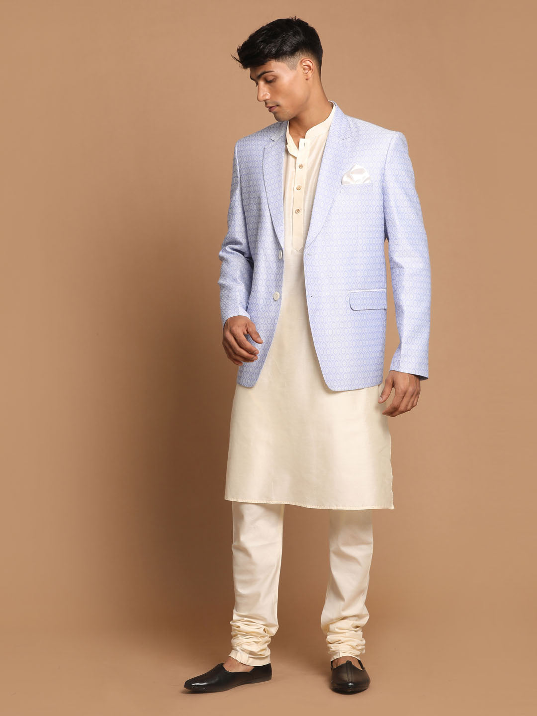 Sarvati Men's Lavender Woven Blazer And Cream Solid Kurta With Pajama Set