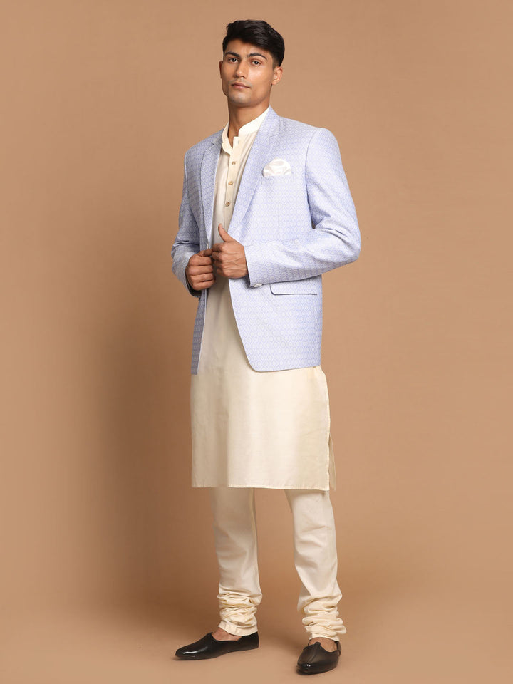 Sarvati Men's Lavender Woven Blazer And Cream Solid Kurta With Pajama Set