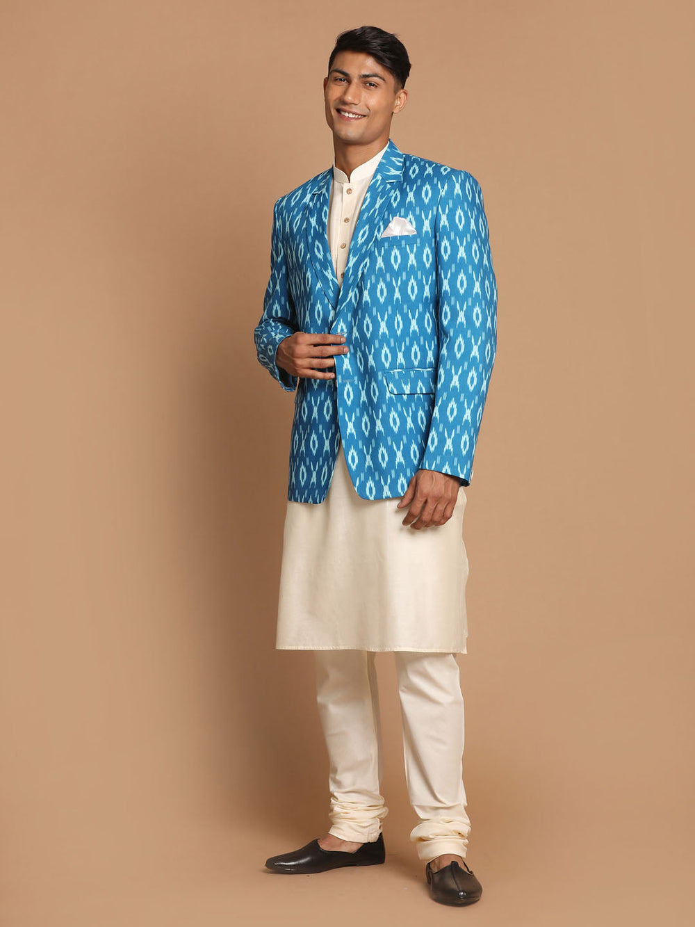 Sarvati Men's Blue Ikkat print Blazer And Kurta Pyjama set