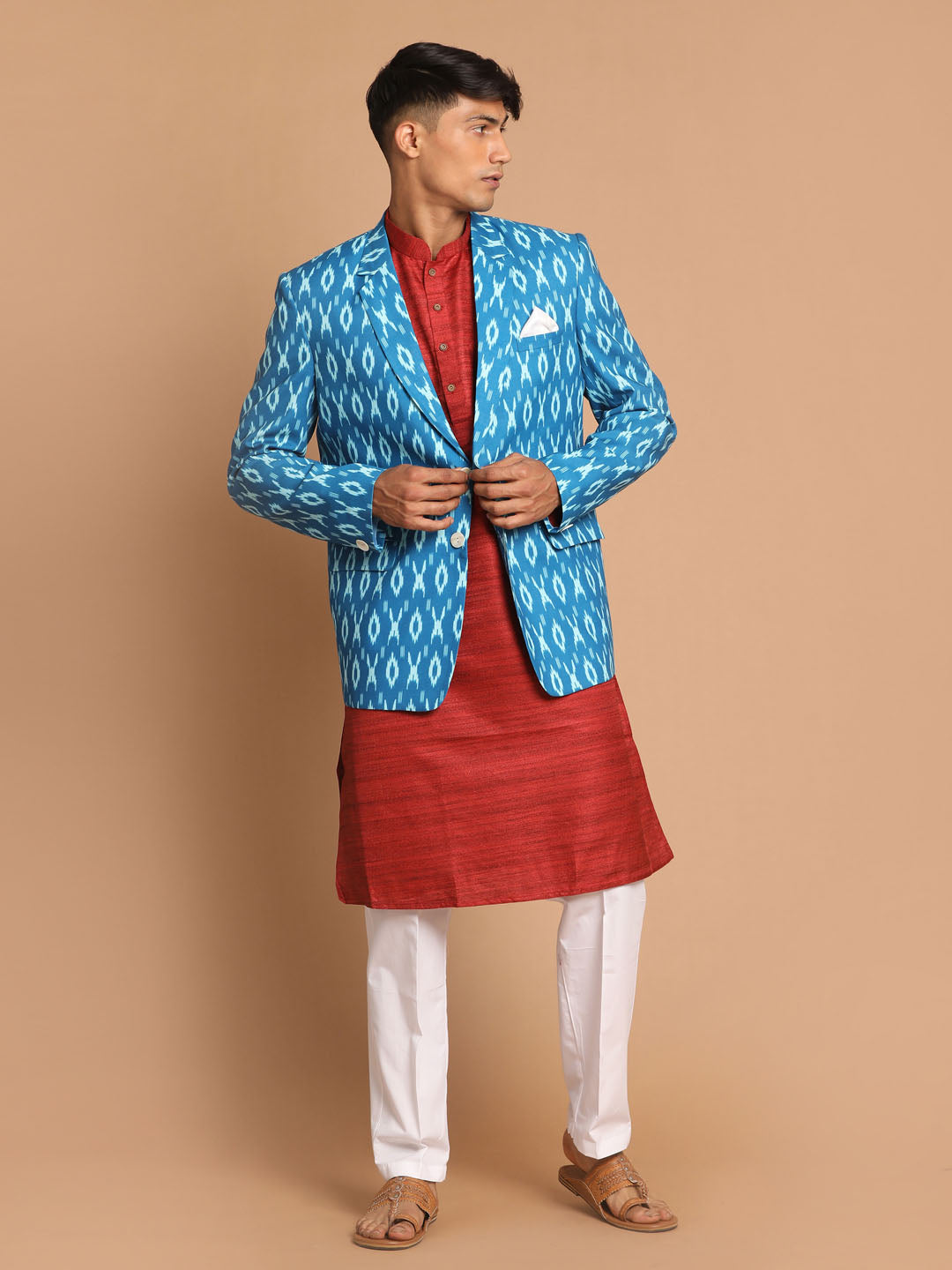 Sarvati Men's Blue Ikkat print Blazer And Kurta Pant set