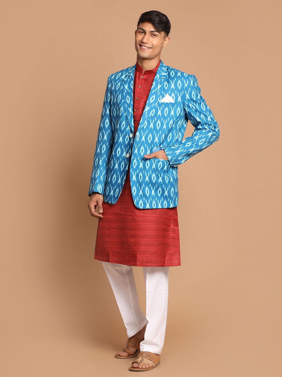 Sarvati Men's Blue Ikkat print Blazer And Kurta Pant set