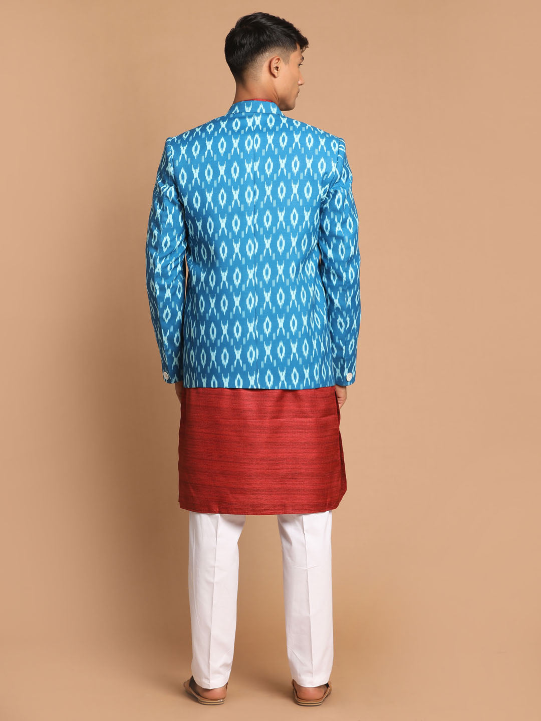 Sarvati Men's Blue Ikkat print Blazer And Kurta Pant set