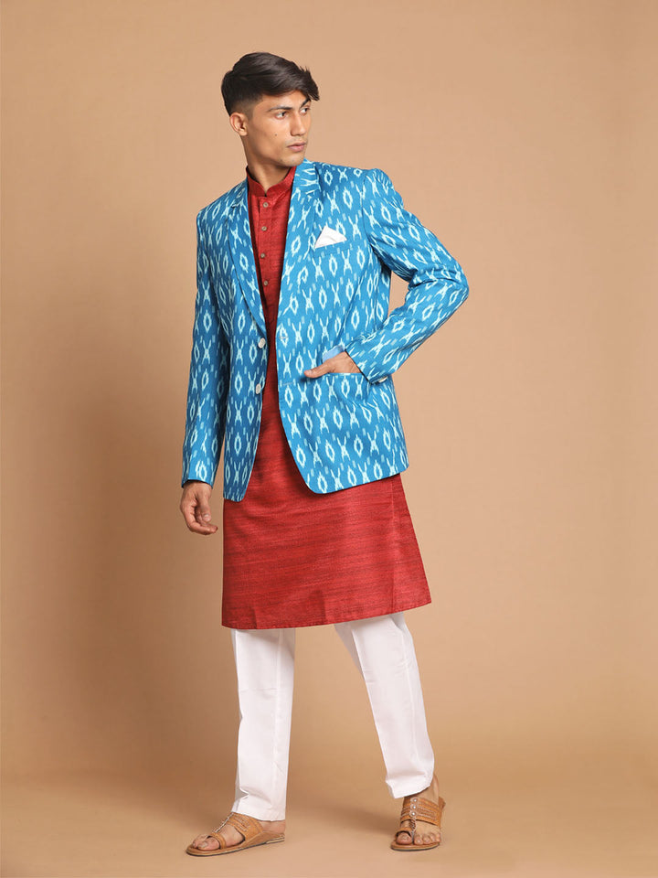 Sarvati Men's Blue Ikkat print Blazer And Kurta Pant set