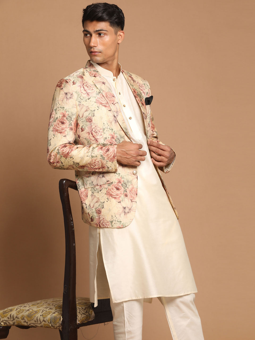 Sarvati Men's Beige Floral Print Blazer And Cream Solid Kurta With Pajama Set