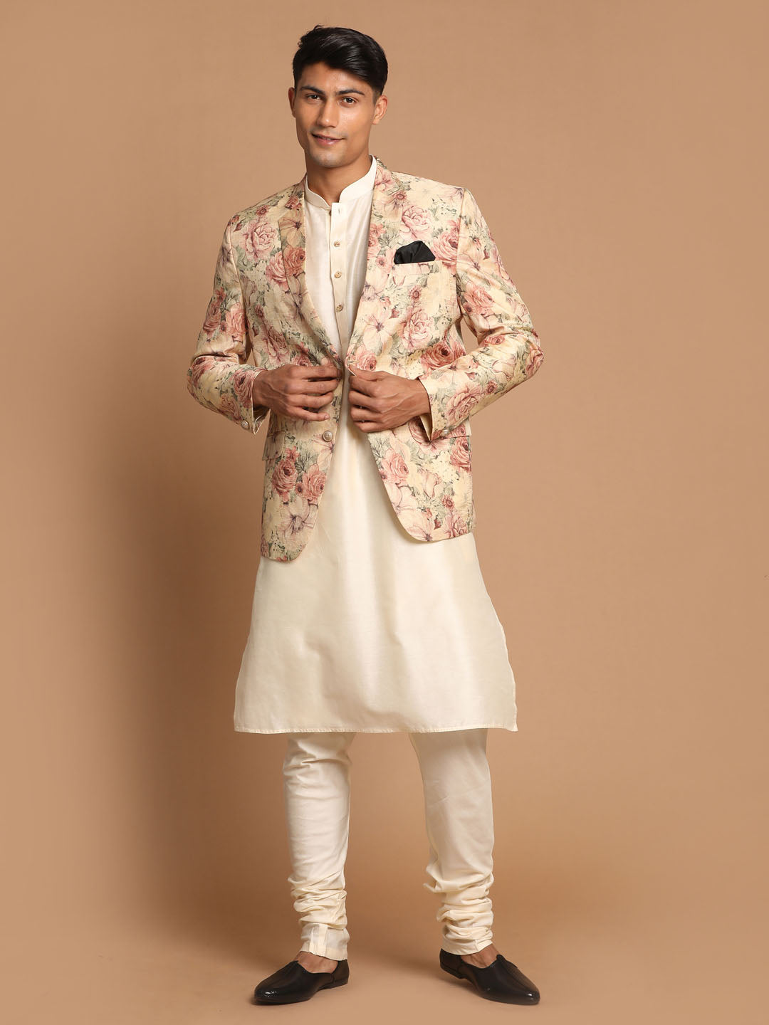 Sarvati Men's Beige Floral Print Blazer And Cream Solid Kurta With Pajama Set