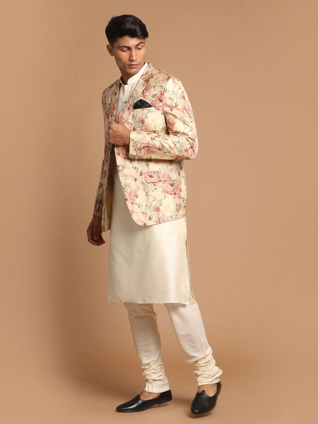 Sarvati Men's Beige Floral Print Blazer And Cream Solid Kurta With Pajama Set