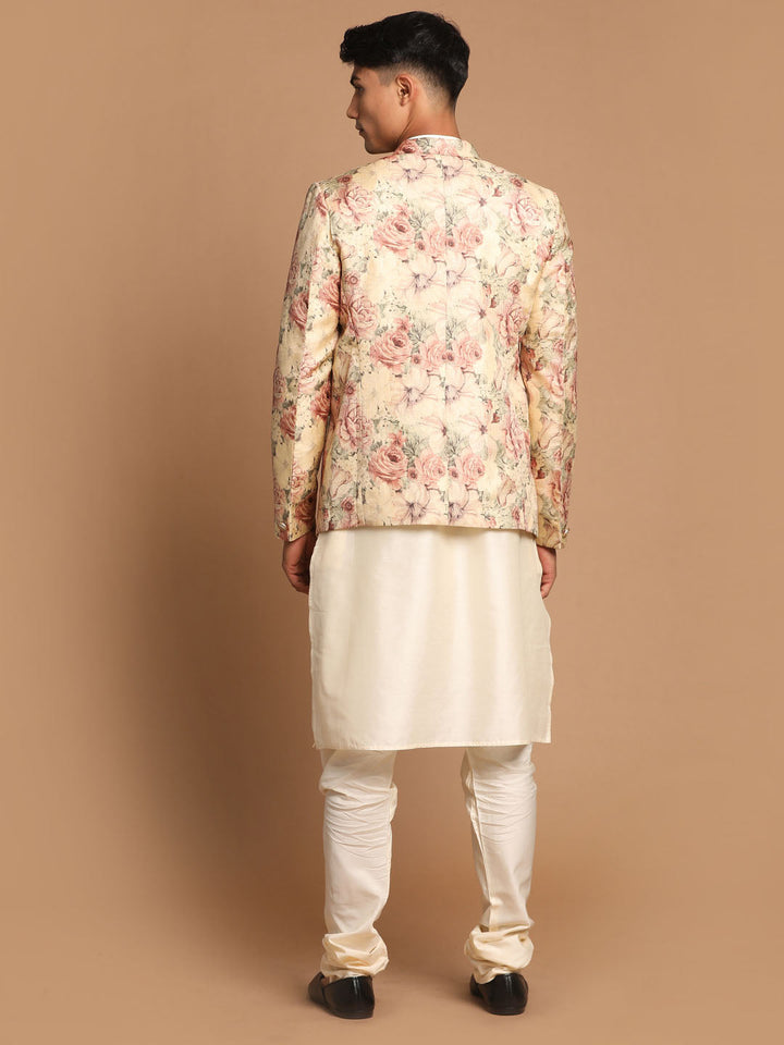 Sarvati Men's Beige Floral Print Blazer And Cream Solid Kurta With Pajama Set