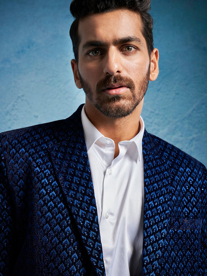 Men's Blue Velvet Blazer - view 3