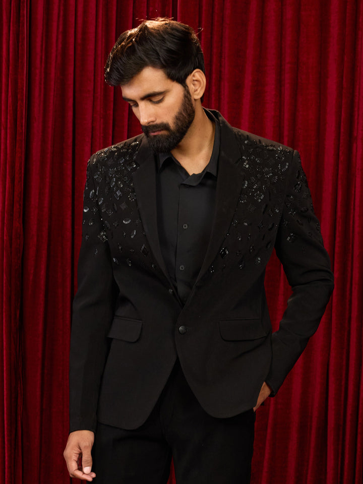 Men's Black Lachka Mink Suiting Cutdana & Bead Work Blazer
