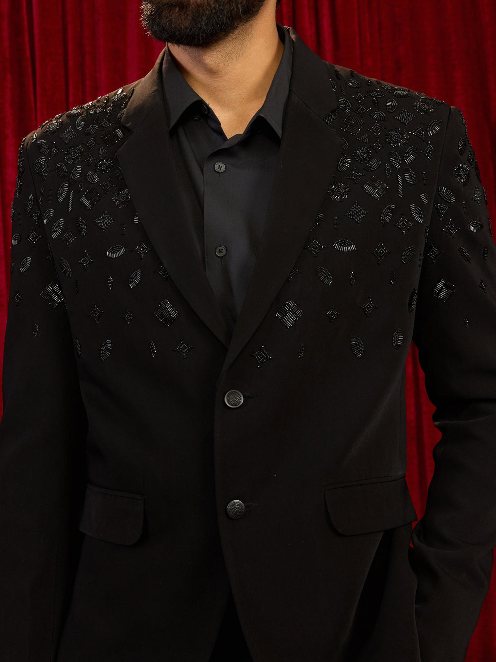 Men's Black Lachka Mink Suiting Cutdana & Bead Work Blazer - view 2