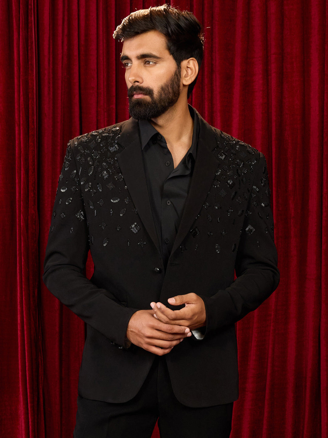 Men's Black Lachka Mink Suiting Cutdana & Bead Work Blazer - view 3