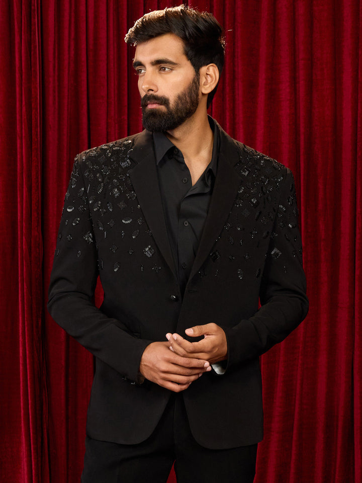 Men's Black Lachka Mink Suiting Cutdana & Bead Work Blazer - view 3