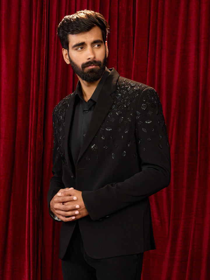 Men's Black Lachka Mink Suiting Cutdana & Bead Work Blazer - view 4