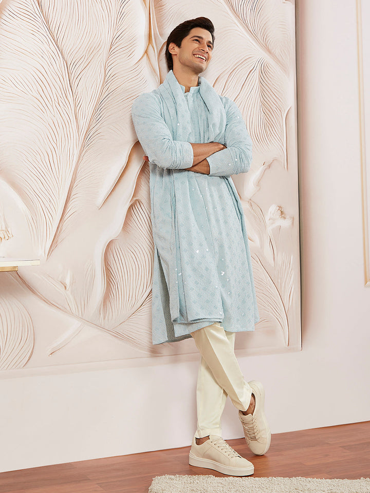 Men's Aqua Silk Blend Embroidered Dupatta - view 3