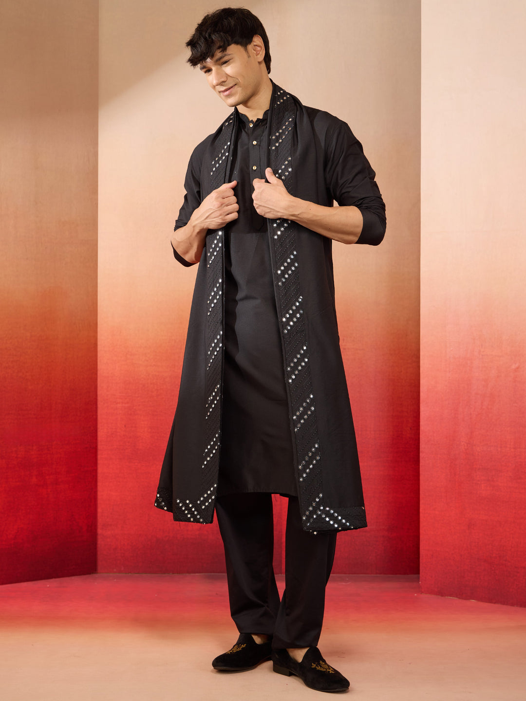 Men's Black Viscose Mirror Work Dupatta