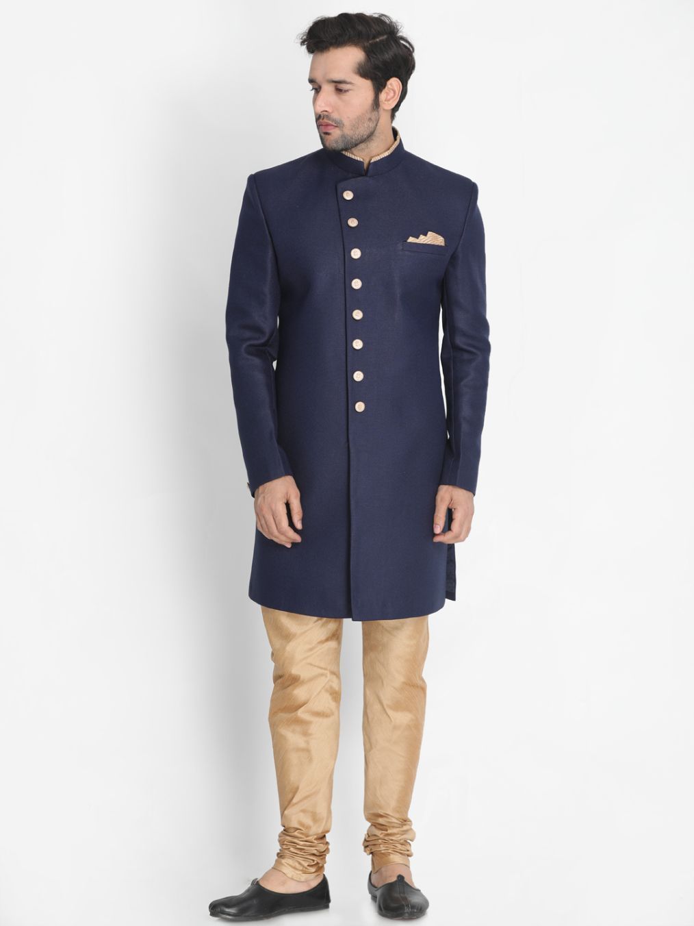 VASTRAMAY Men's Dark Blue Silk Blend Sherwani Set