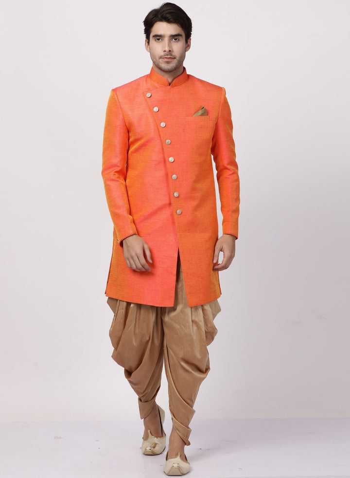 Sarvati Men's Orange Silk Blend Sherwani Set