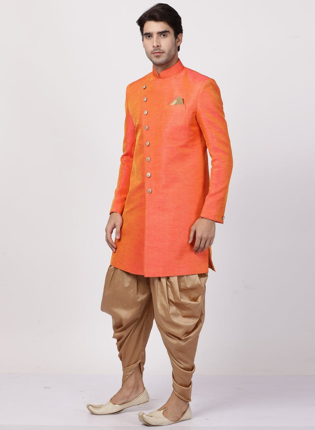 Sarvati Men's Orange Silk Blend Sherwani Set