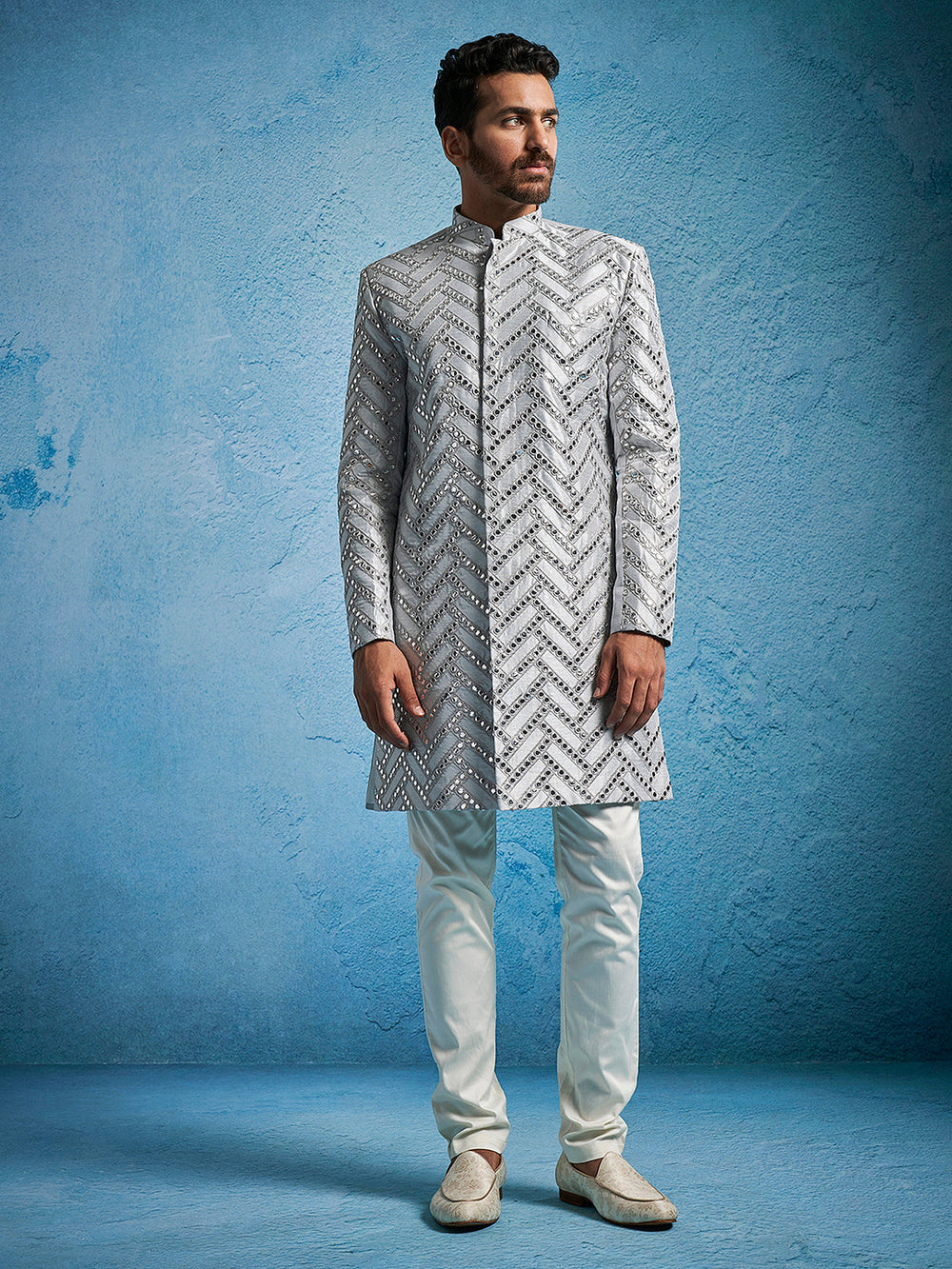 Men's Aqua Silk Blend Sherwani Set