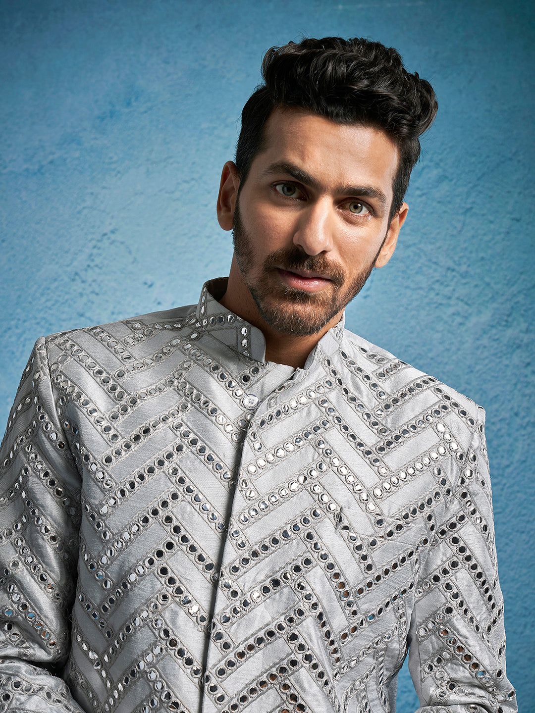 Men's Aqua Silk Blend Sherwani Set