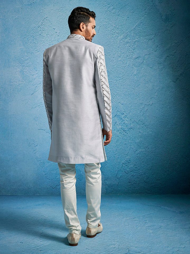 Men's Aqua Silk Blend Sherwani Set