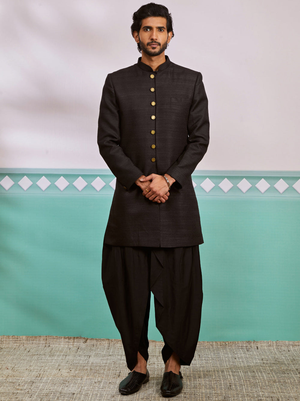 Men's Black  Silk Blend Sherwani Set
