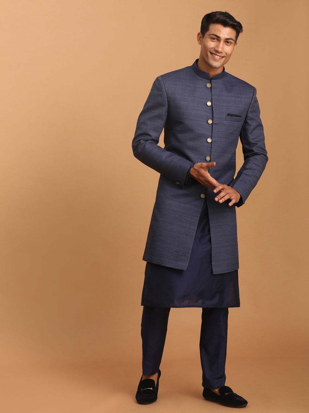 Sarvati Men's Navy Blue Sherwani With Kurta Pant Set