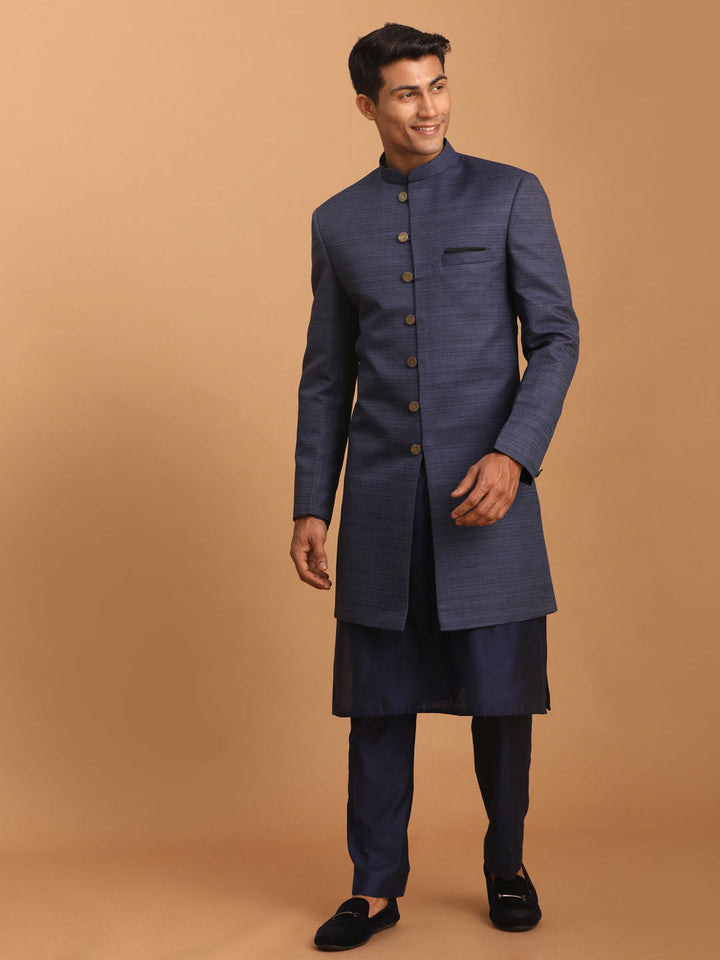 Sarvati Men's Navy Blue Sherwani With Kurta Pant Set