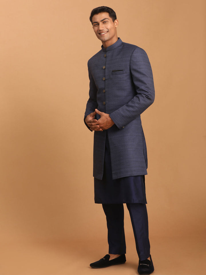 Sarvati Men's Navy Blue Sherwani With Kurta Pant Set